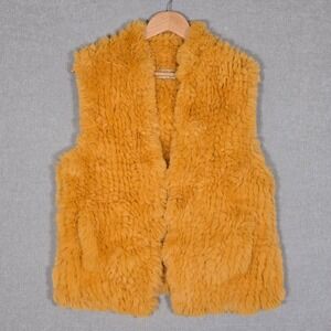 JAYLEY Women's Vintage-Inspired Mustard Yellow Rabbit Fur Vest Pockets L